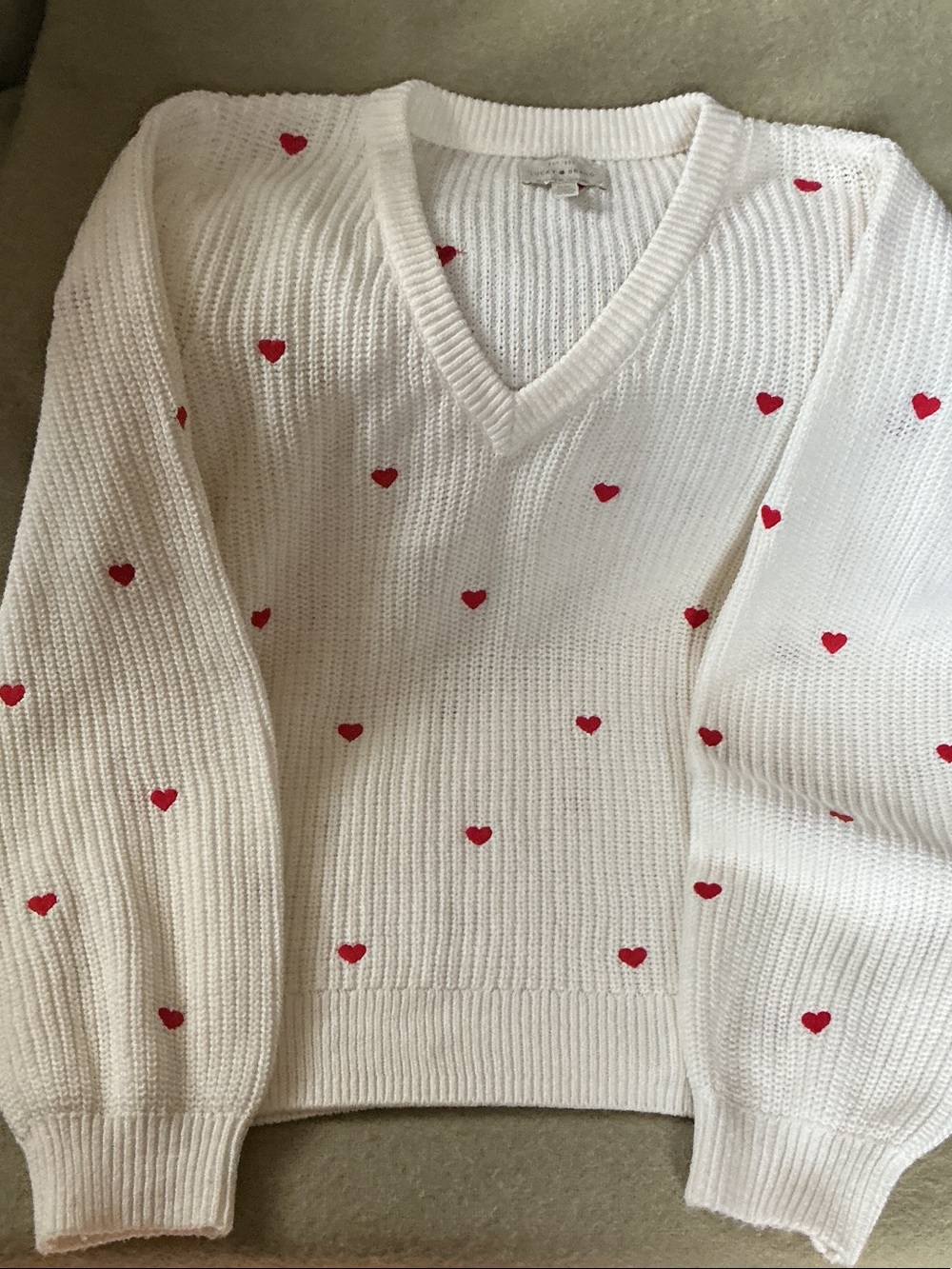 Lucky Brand White V-Neck Sweater with Red Heart Accents